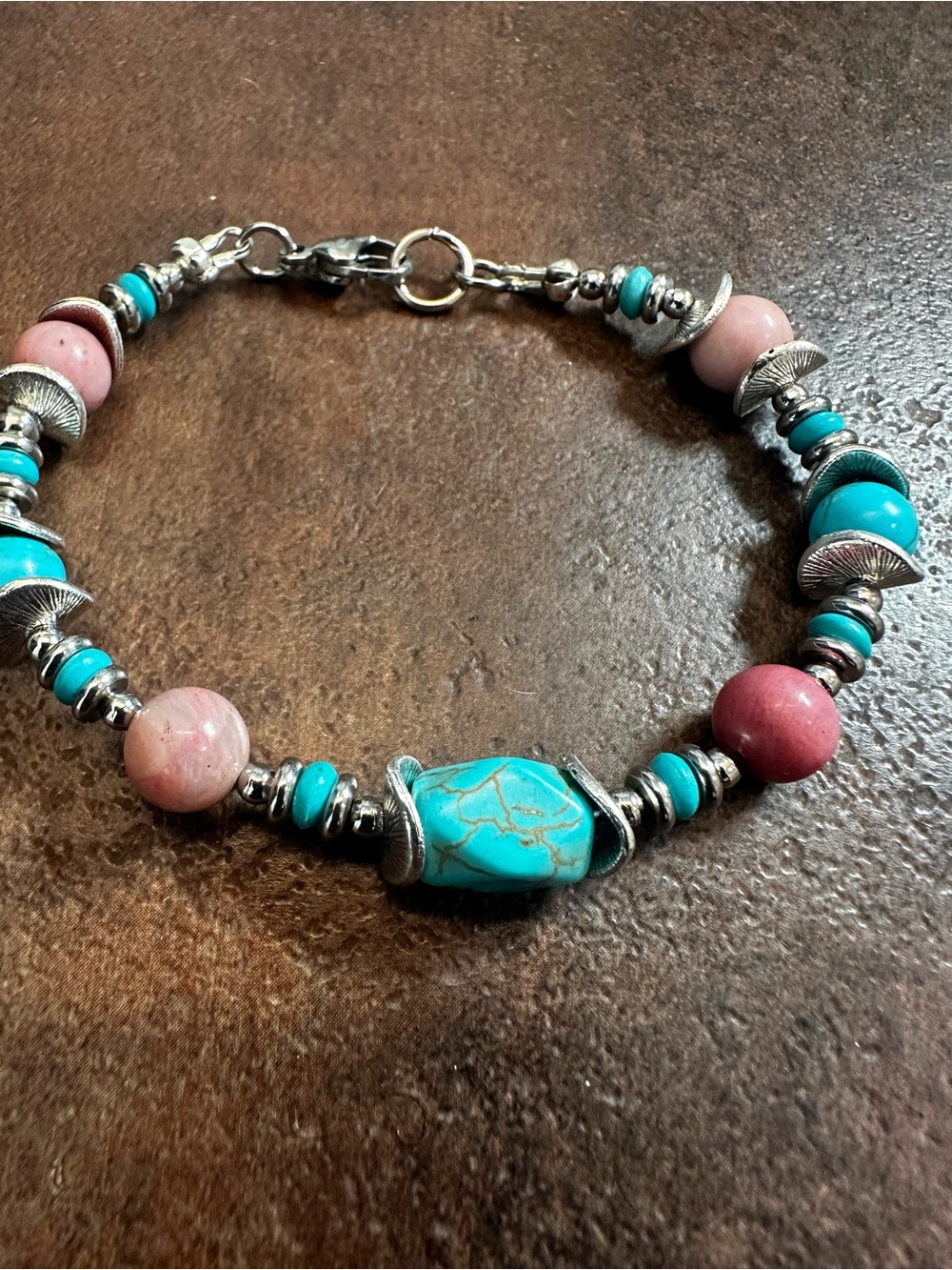 Turquoise & Pink Beaded Women's Bracelet - Silver Accents
